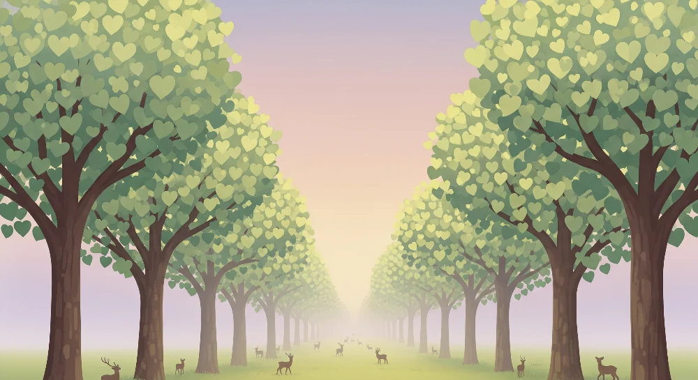 Papel de parede crianç | Floresta encantada com árvores em forma de coração e veados