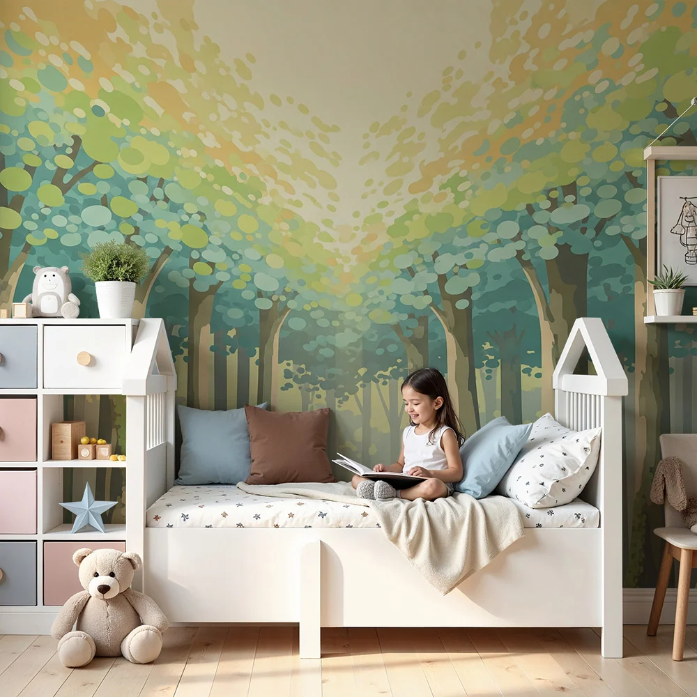 Papel de parede crianç | Floresta encantada com árvores de folhagem suave