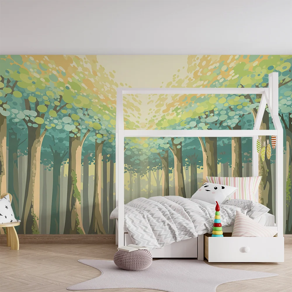 Papel de parede crianç | Floresta encantada com árvores de folhagem suave