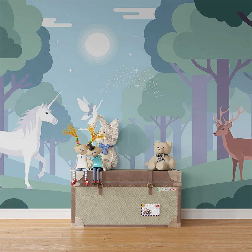 Papel de parede crianç | Floresta encantada com unicórnio e fada luminosa