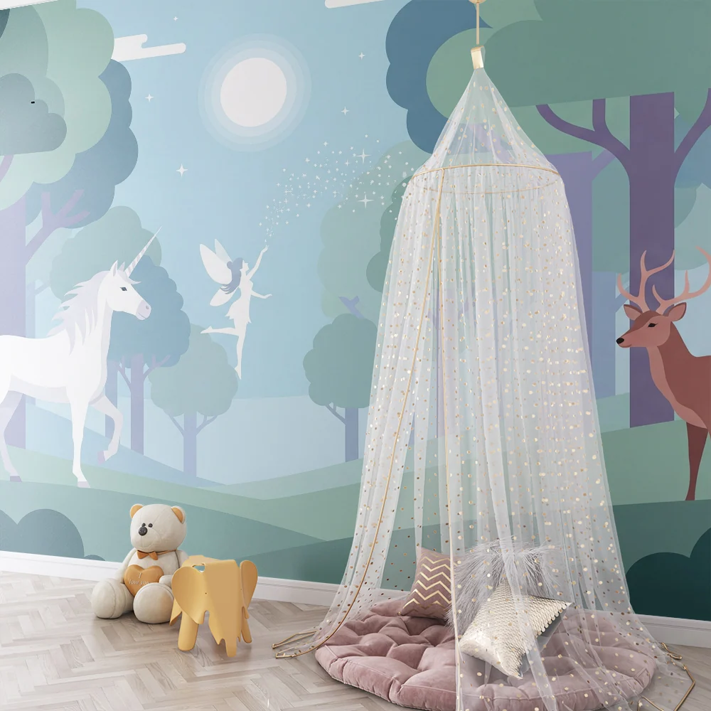 Papel de parede crianç | Floresta encantada com unicórnio e fada luminosa