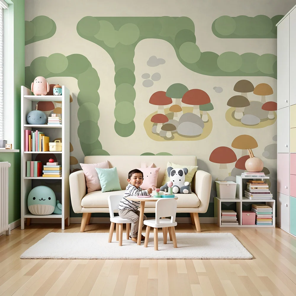 Papel de parede crianç | Floresta encantada com cogumelos coloridos