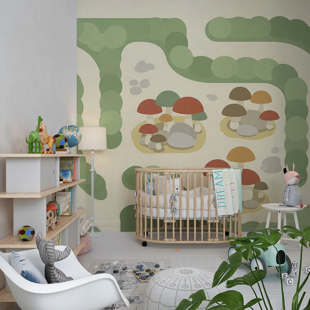Papel de parede crianç | Floresta encantada com cogumelos coloridos