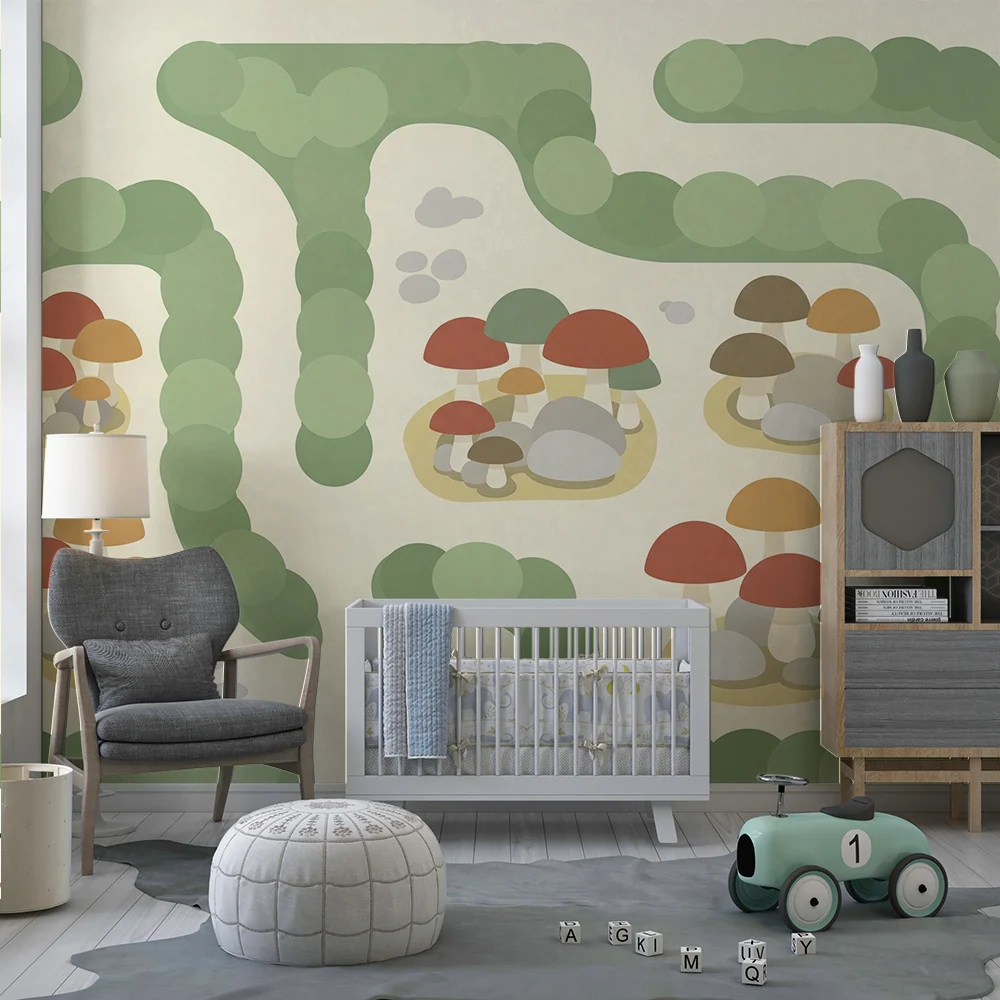 Papel de parede crianç | Floresta encantada com cogumelos coloridos