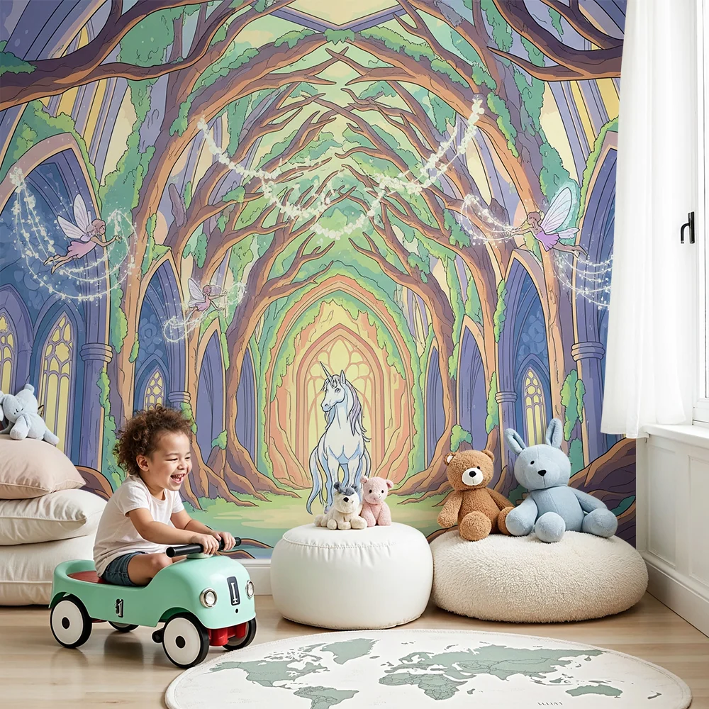 Papel de parede crianç | Floresta encantada com unicórnio e fadas brilhantes