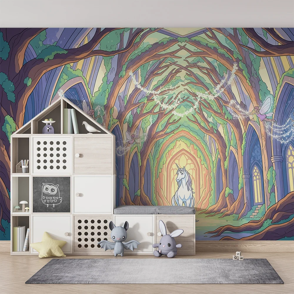 Papel de parede crianç | Floresta encantada com unicórnio e fadas brilhantes