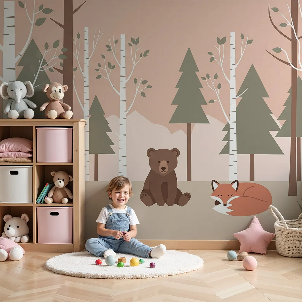 Papel de parede crianç | Floresta encantada com urso, raposa e coelho
