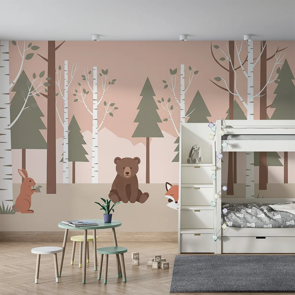 Papel de parede crianç | Floresta encantada com urso, raposa e coelho