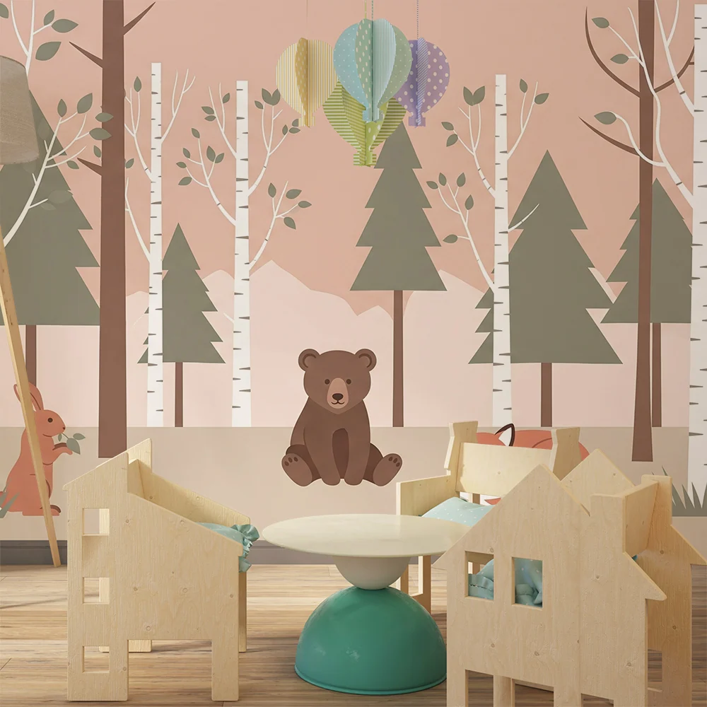 Papel de parede crianç | Floresta encantada com urso, raposa e coelho