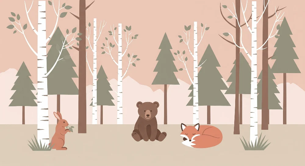 Papel de parede crianç | Floresta encantada com urso, raposa e coelho