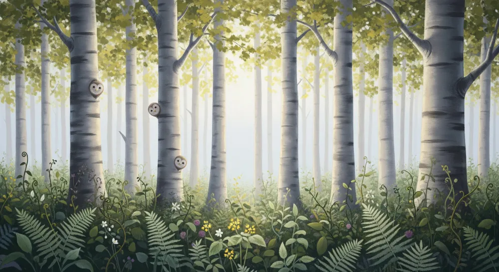 Papel de parede crianç | Floresta encantada com corujas e folhagem verdejante