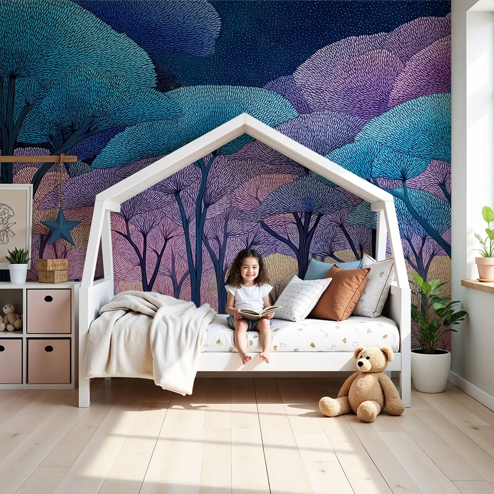 Papel de parede crianç | Floresta encantada em cores pastel sob um céu estrelado