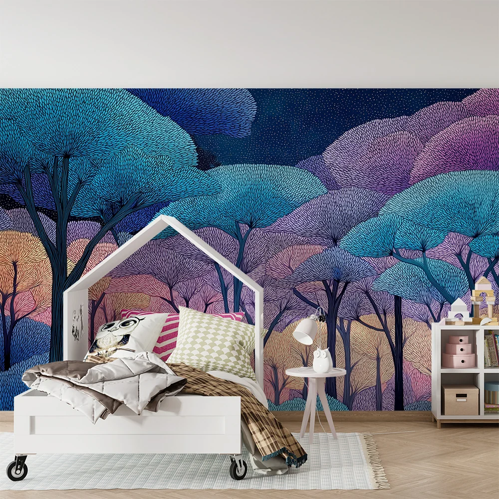 Papel de parede crianç | Floresta encantada em cores pastel sob um céu estrelado