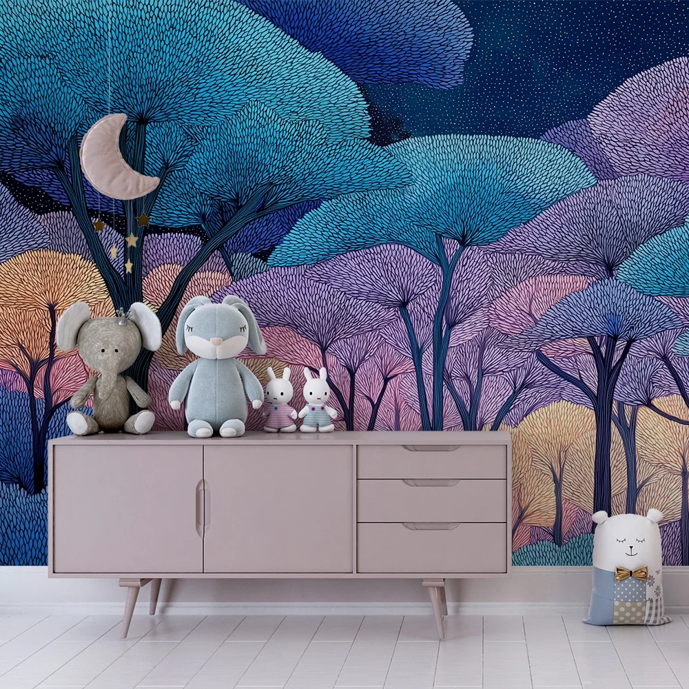 Papel de parede crianç | Floresta encantada em cores pastel sob um céu estrelado