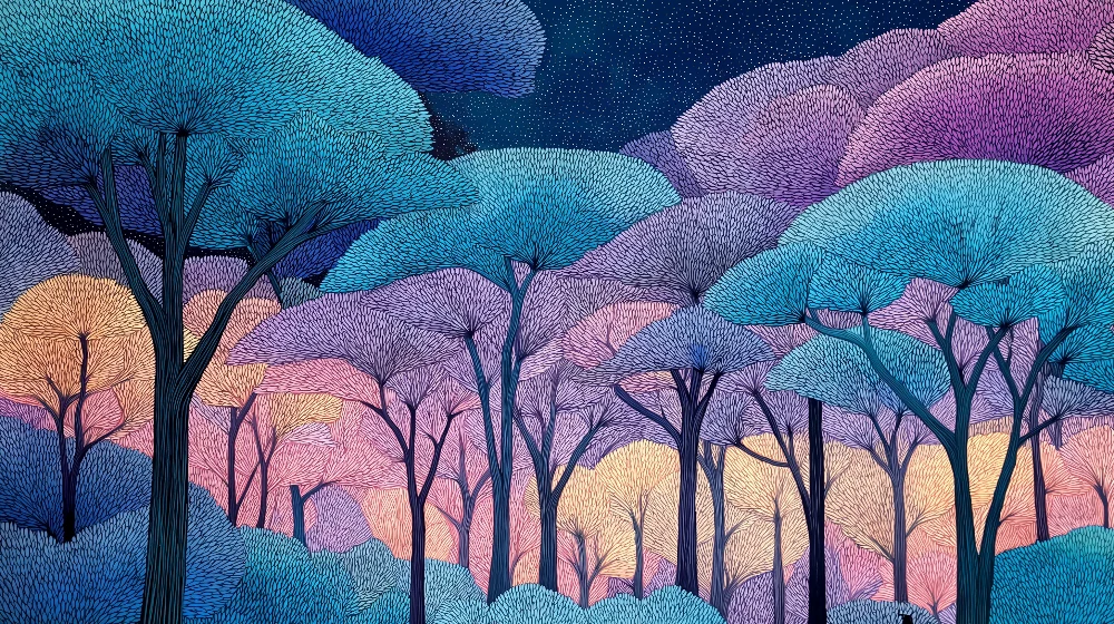 Papel de parede crianç | Floresta encantada em cores pastel sob um céu estrelado