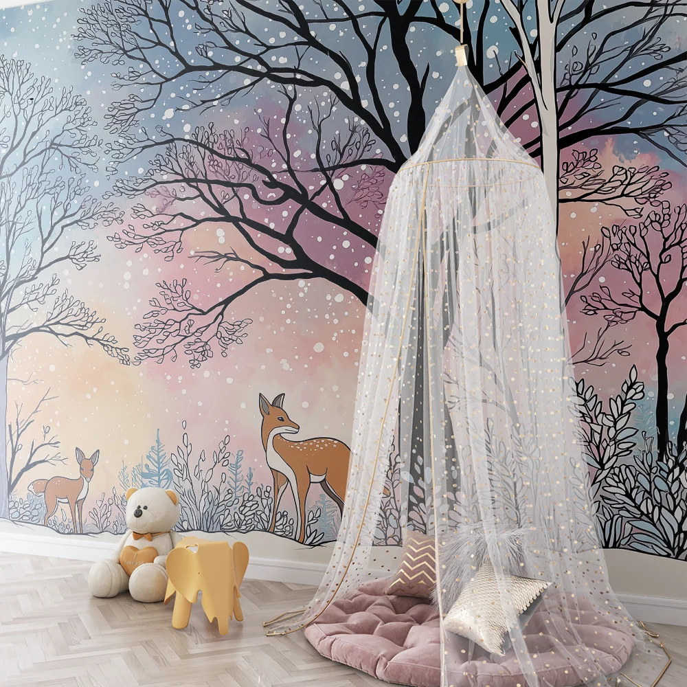Papel de parede crianç | Floresta de inverno com raposas e paisagens nevadas
