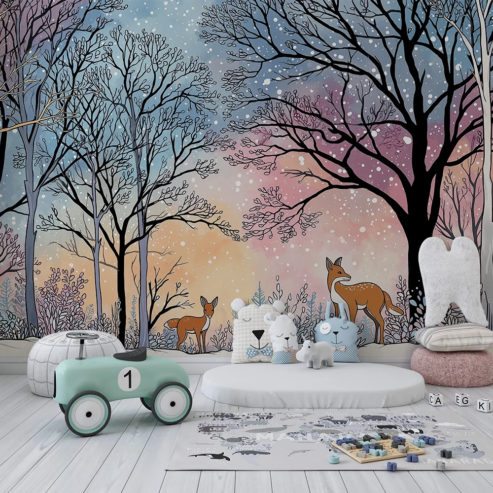 Papel de parede crianç | Floresta de inverno com raposas e paisagens nevadas