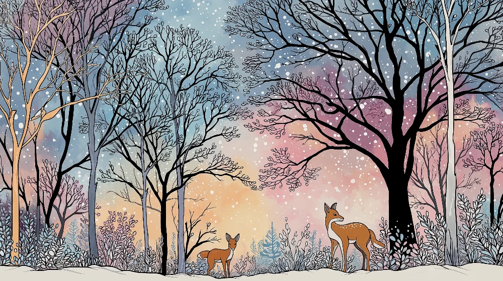 Papel de parede crianç | Floresta de inverno com raposas e paisagens nevadas