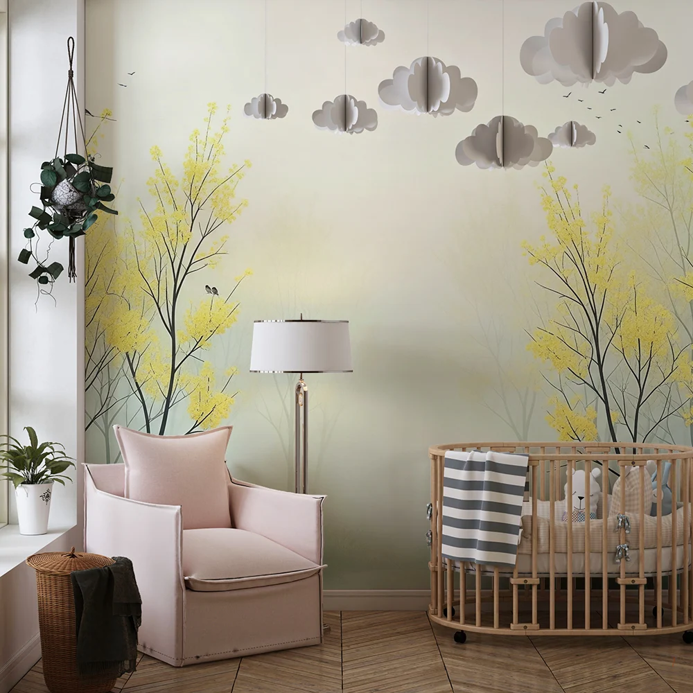 Papel de parede crianç | Floresta nebulosa com árvores de flores amarelas