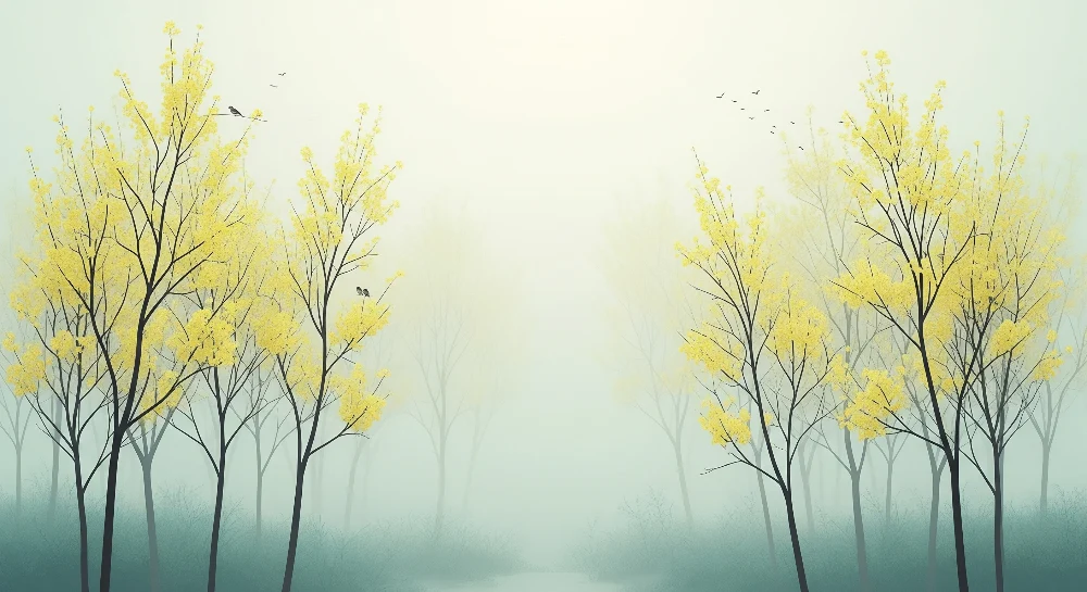 Papel de parede crianç | Floresta nebulosa com árvores de flores amarelas