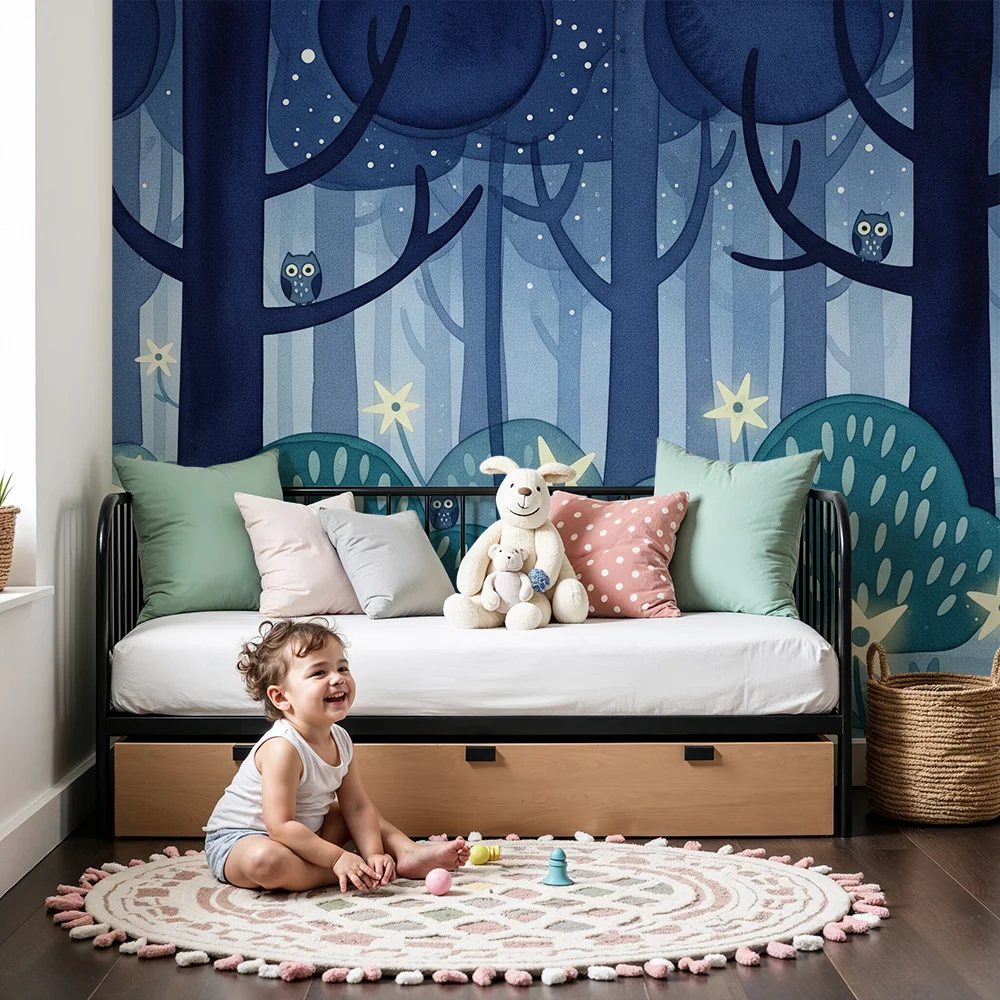 Papel de parede crianç | Floresta noturna com corujas e estrelas cintilantes