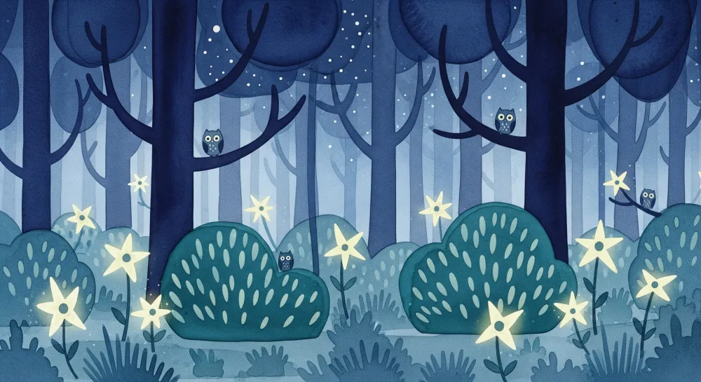 Papel de parede crianç | Floresta noturna com corujas e estrelas cintilantes