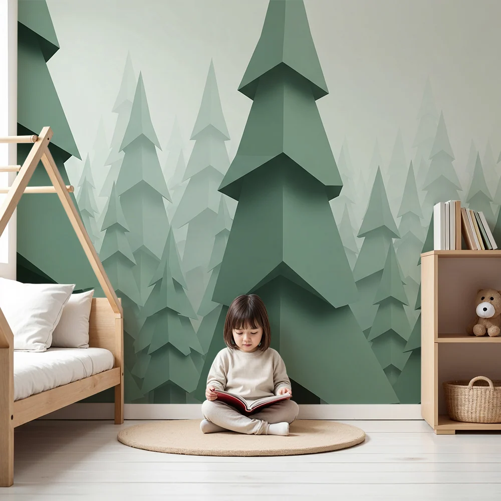 Papel de parede crianç | Floresta de pinheiros em papel com tons de verde