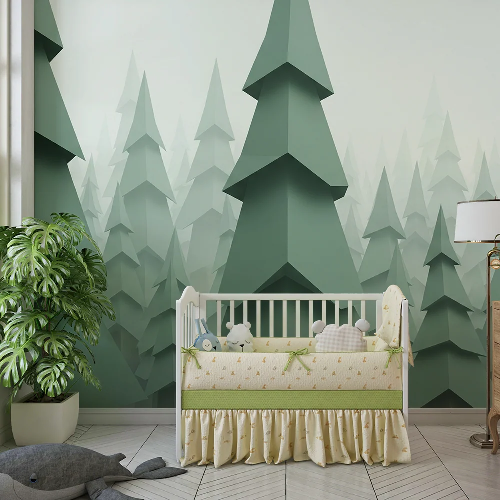 Papel de parede crianç | Floresta de pinheiros em papel com tons de verde