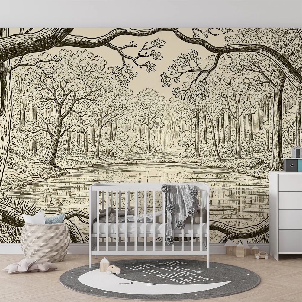 Papel de parede crianç | Floresta tranquila com lago e árvores majestosas