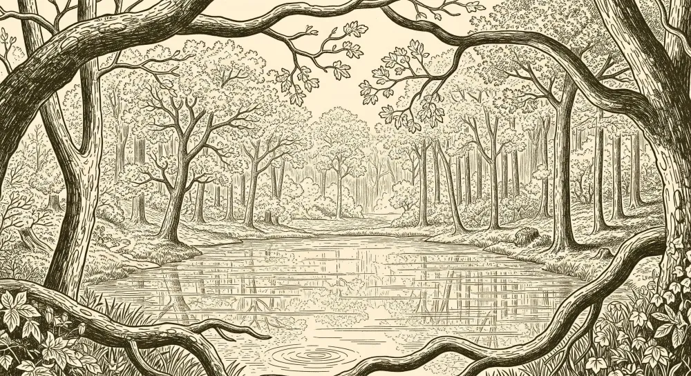 Papel de parede crianç | Floresta tranquila com lago e árvores majestosas