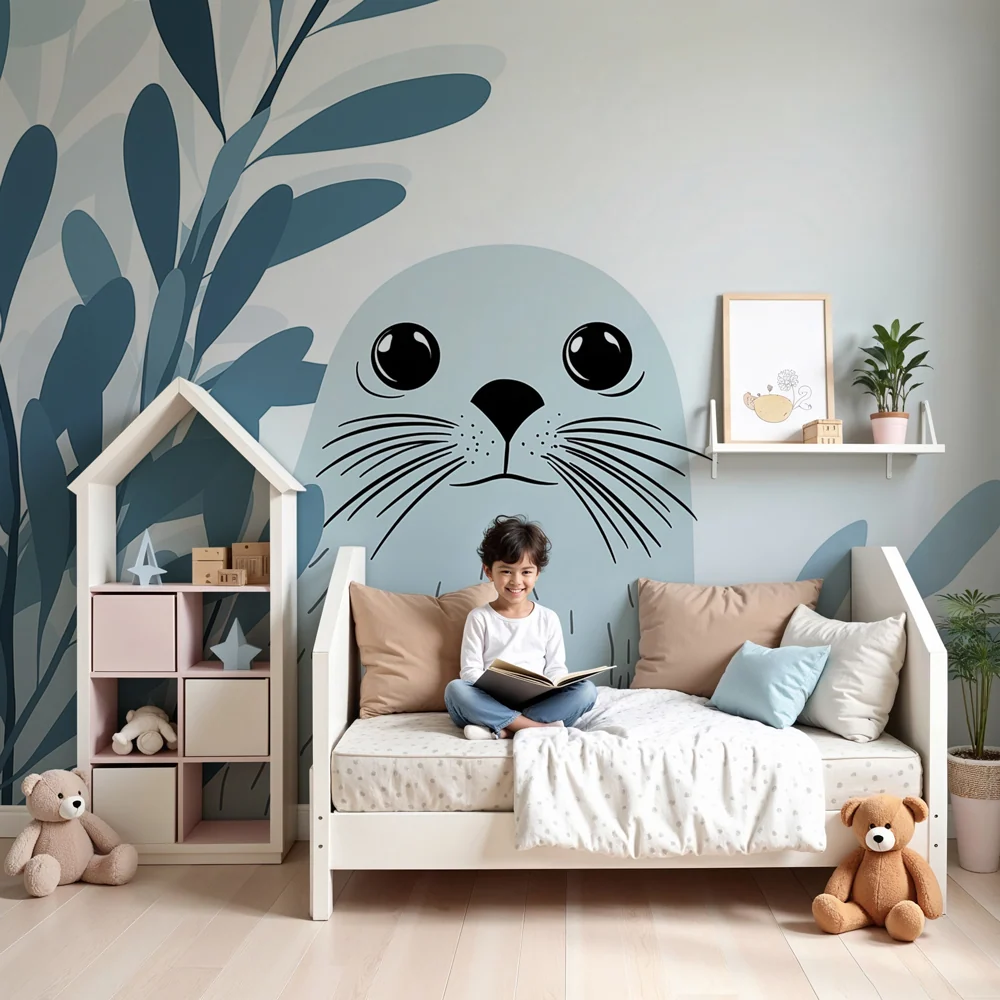 Papel de parede crianç | Foca adorável e folhagem aquática