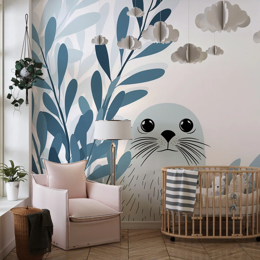 Papel de parede crianç | Foca adorável e folhagem aquática