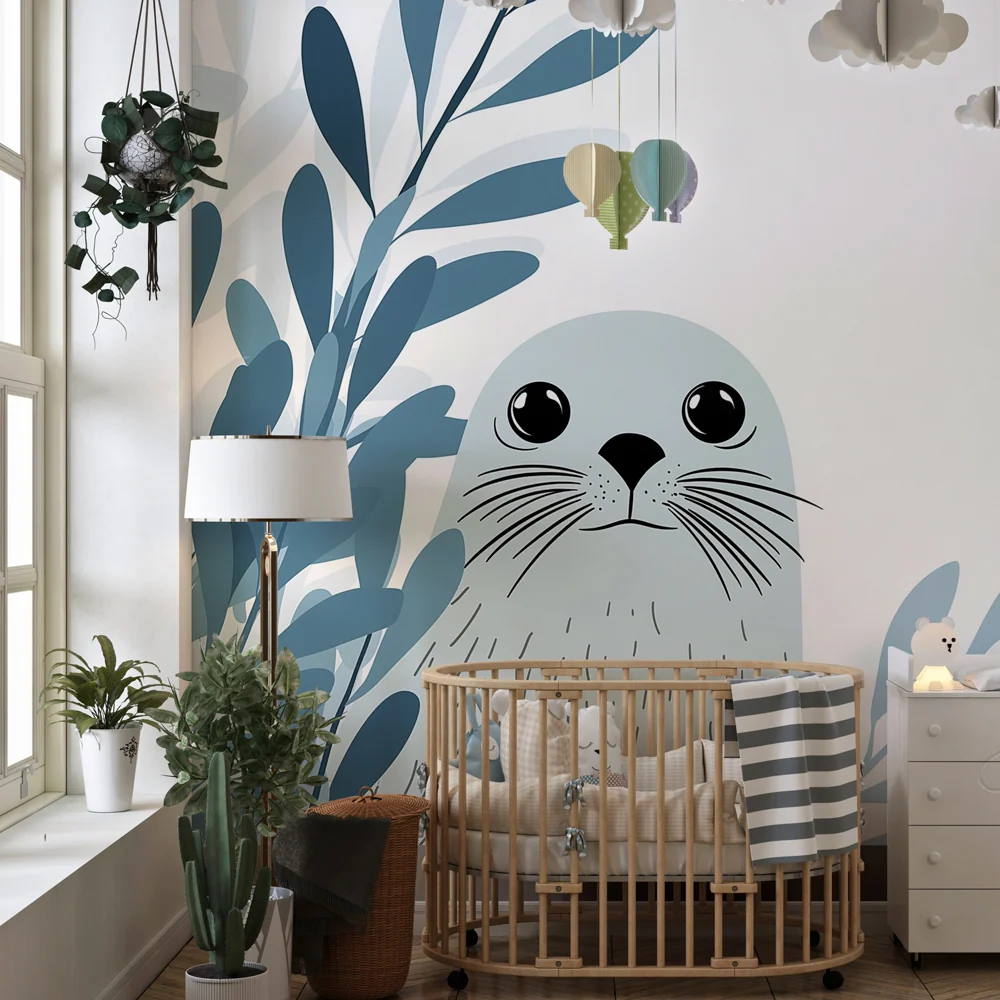 Papel de parede crianç | Foca adorável e folhagem aquática