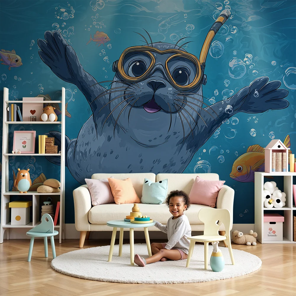 Papel de parede crianç | Foca mergulhadora rodeada de peixes coloridos
