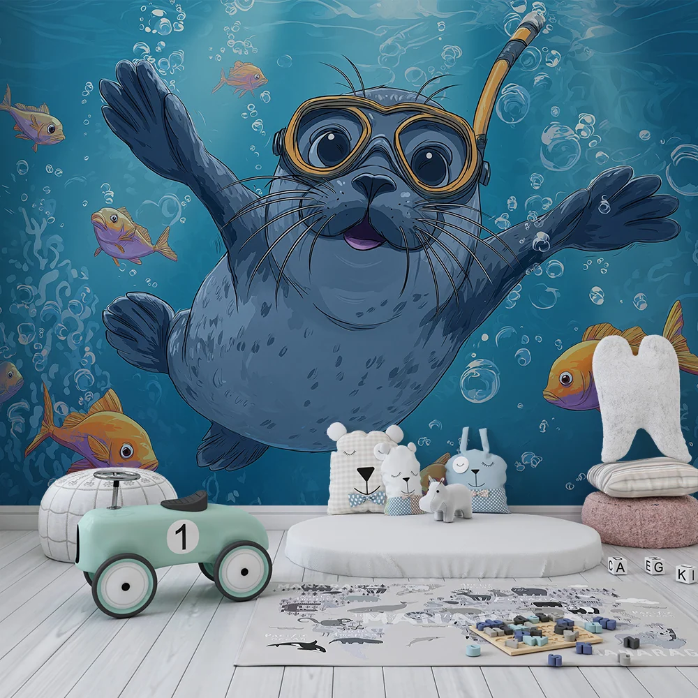 Papel de parede crianç | Foca mergulhadora rodeada de peixes coloridos