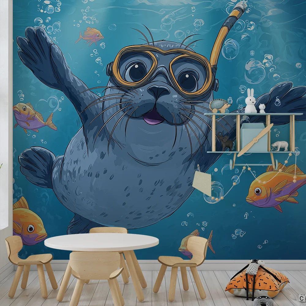 Papel de parede crianç | Foca mergulhadora rodeada de peixes coloridos
