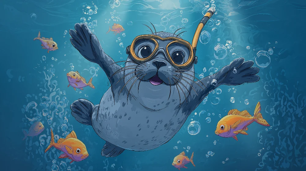 Papel de parede crianç | Foca mergulhadora rodeada de peixes coloridos