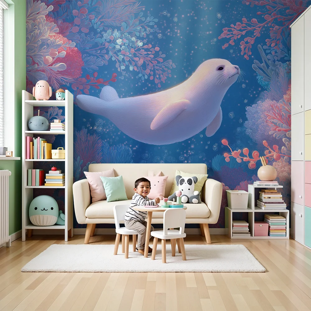 Papel de parede crianç | Foca nadando entre os corais coloridos