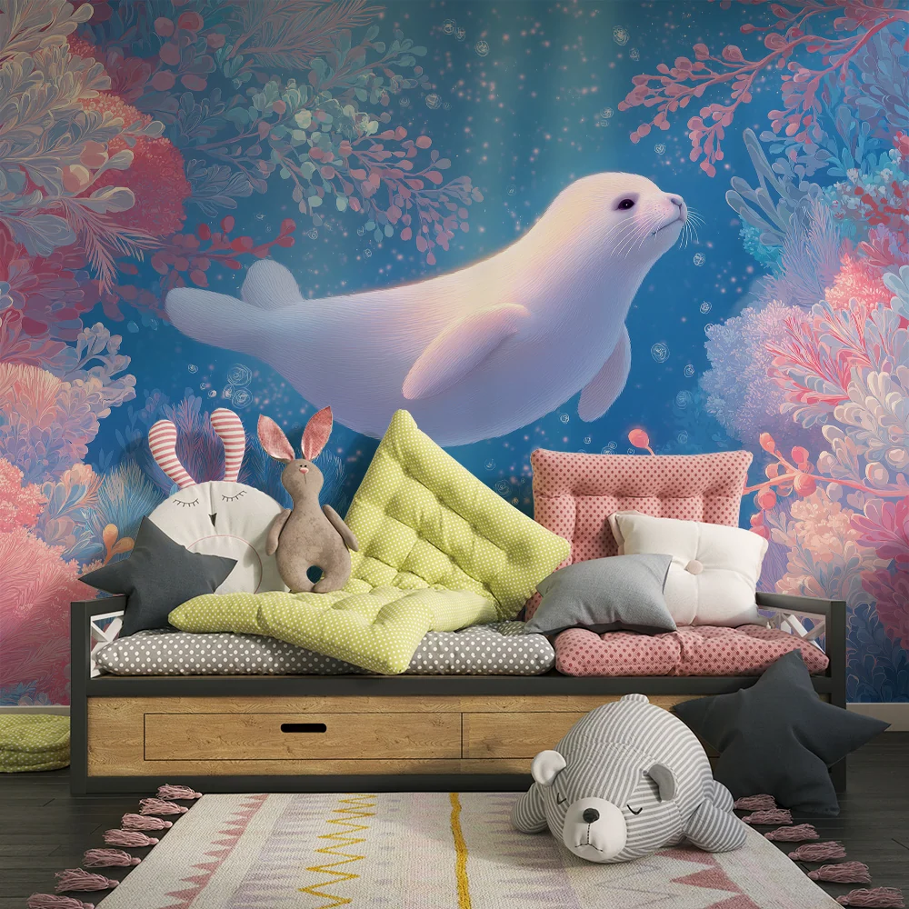 Papel de parede crianç | Foca nadando entre os corais coloridos