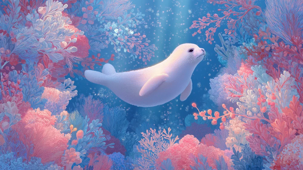 Papel de parede crianç | Foca nadando entre os corais coloridos