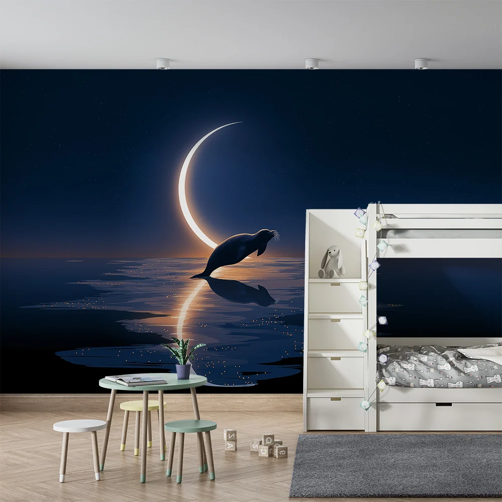Papel de parede crianç | Foca sob lua e céu estrelado