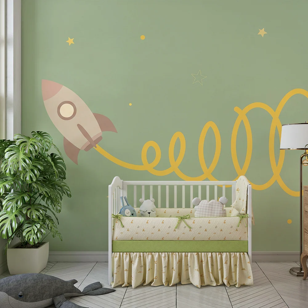 Papel de parede crianç | Foguete colorido e estrelas em fundo verde