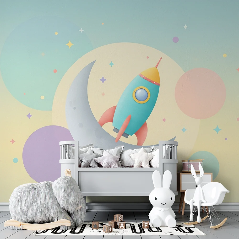 Papel de parede crianç | Foguete colorido e lua em um céu estrelado pastel