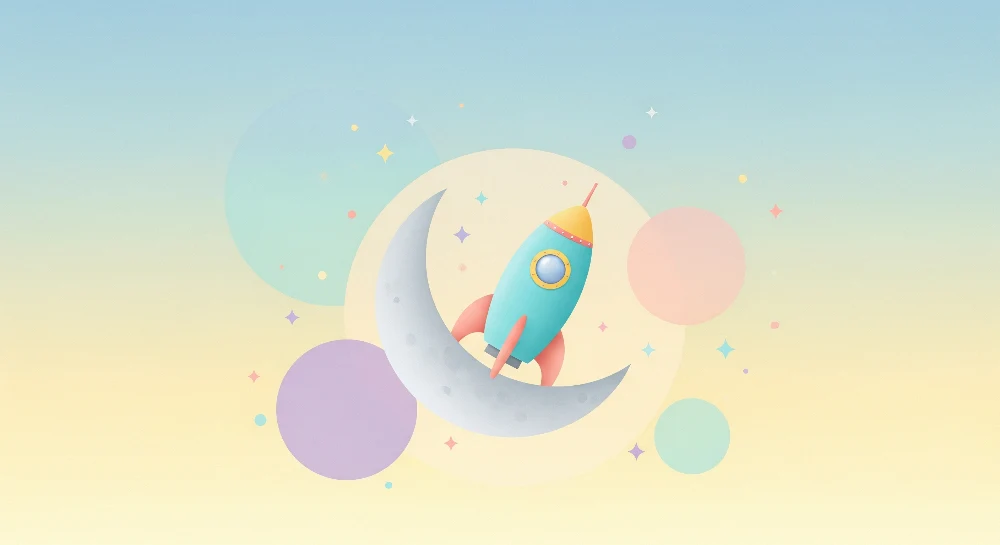 Papel de parede crianç | Foguete colorido e lua em um céu estrelado pastel