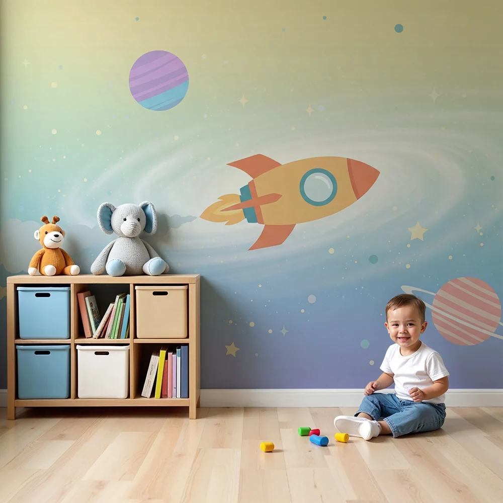 Papel de parede crianç | Foguete colorido e planetas em um universo estrelado