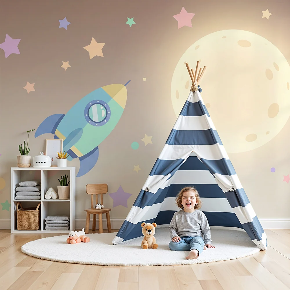 Papel de parede crianç | Foguete colorido viajando para lua com estrelas pastel