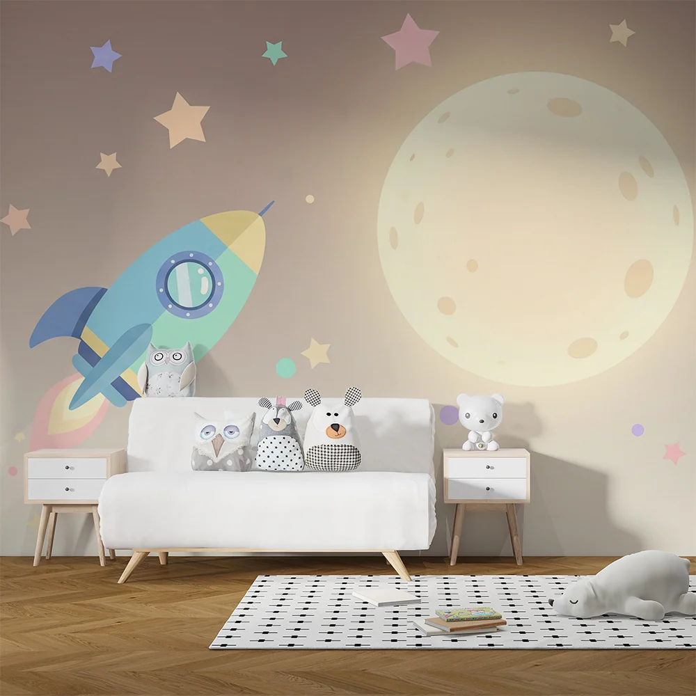 Papel de parede crianç | Foguete colorido viajando para lua com estrelas pastel