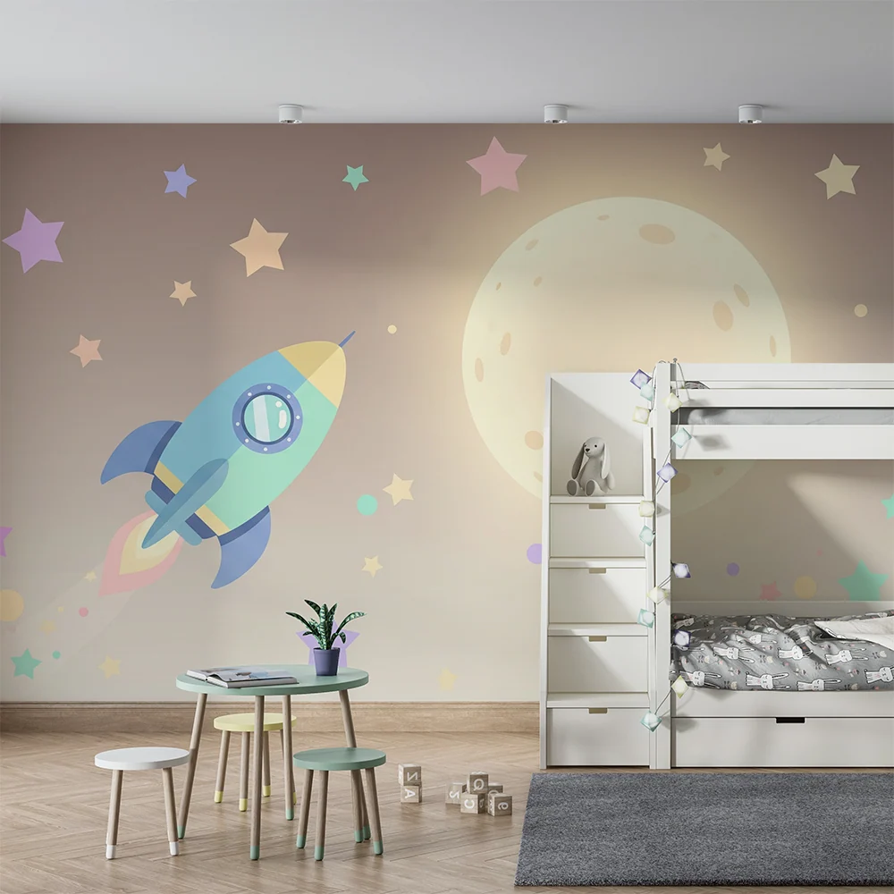Papel de parede crianç | Foguete colorido viajando para lua com estrelas pastel