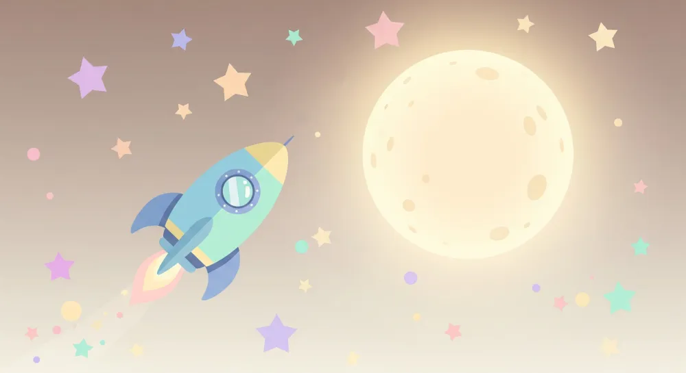 Papel de parede crianç | Foguete colorido viajando para lua com estrelas pastel