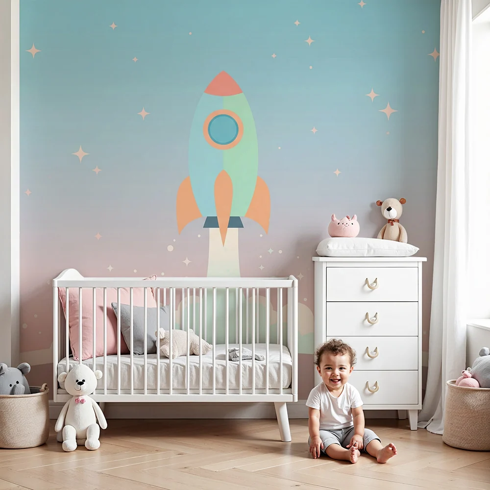 Papel de parede crianç | Foguete colorido voando para as estrelas